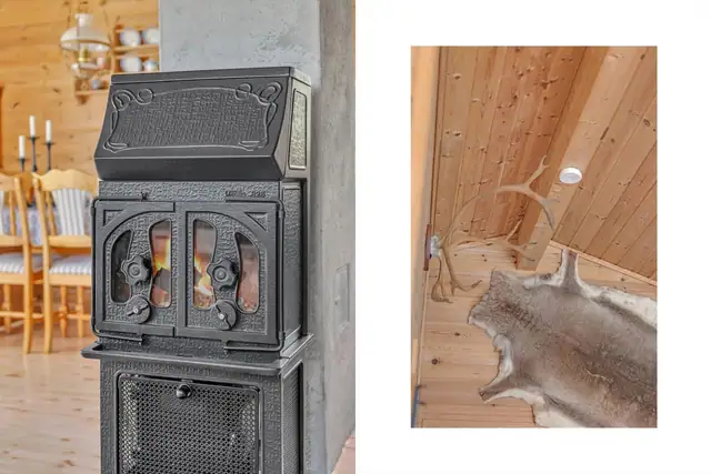 - Merk den flotte peisen som både sørger for behagelig temperatur og koselig stemning. Hytten har også innlagt strøm -